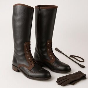 Schuler & Sons Tall Equestrian-Style Riding Boots Black Brown Lace Front 2000s